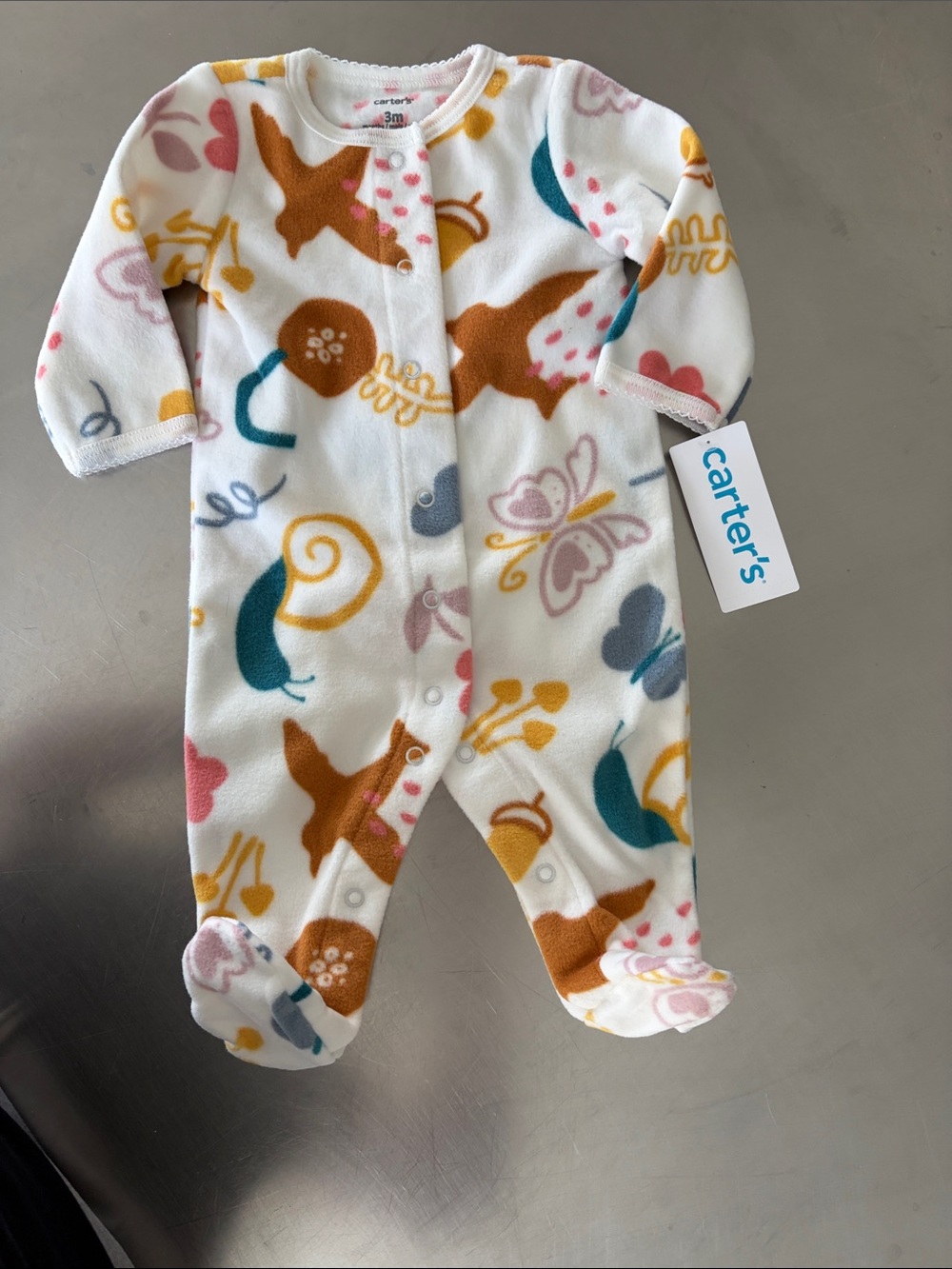 Carter's White Fleece One-Piece with Multicolor Floral & Animal Prints